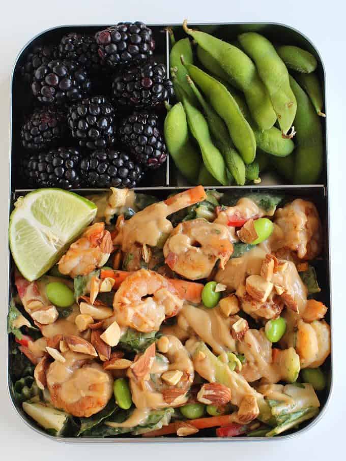 Shrimp Thai Crunch Salad made with a delicious and EASY peanut sesame dressing and topped with crispy shrimp and crunchy almonds. The perfect salad you'll crave every day!