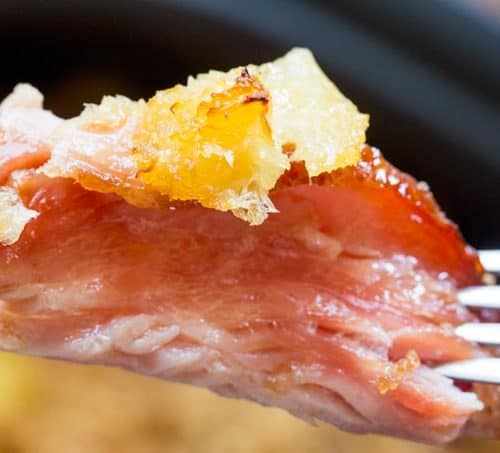 pice of Brown Sugar Pineapple Ham on fork
