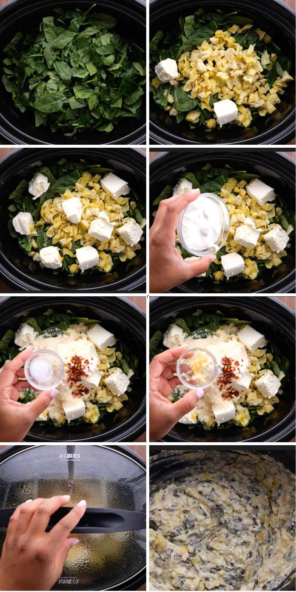 Slow Cooker Spinach Artichoke Dip collage of prep steps