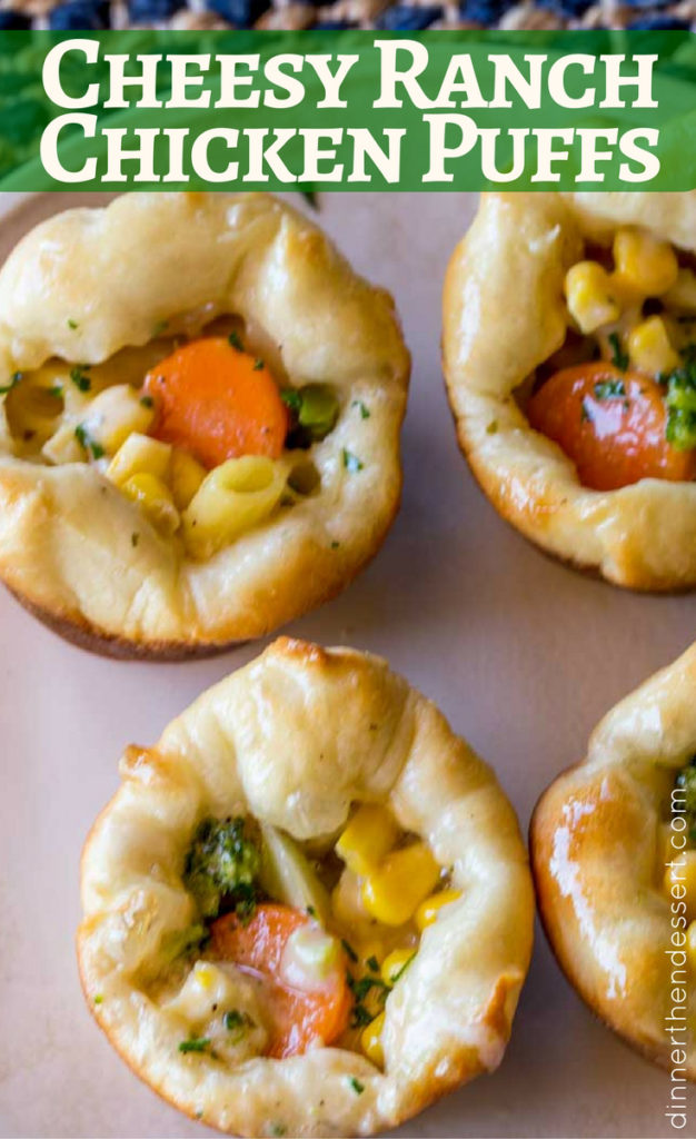 Cheesy Ranch Chicken Puffs made with a quick and easy skillet meal and frozen bread dough or pizza dough makes a perfect after-school snack or portable dinner bites.
