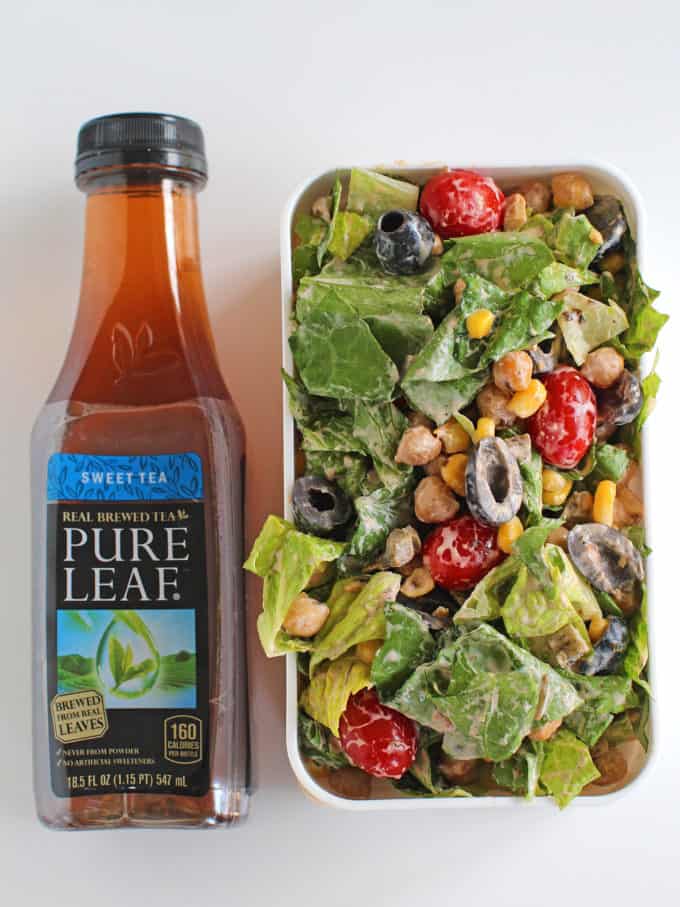 Salad with tea bottle