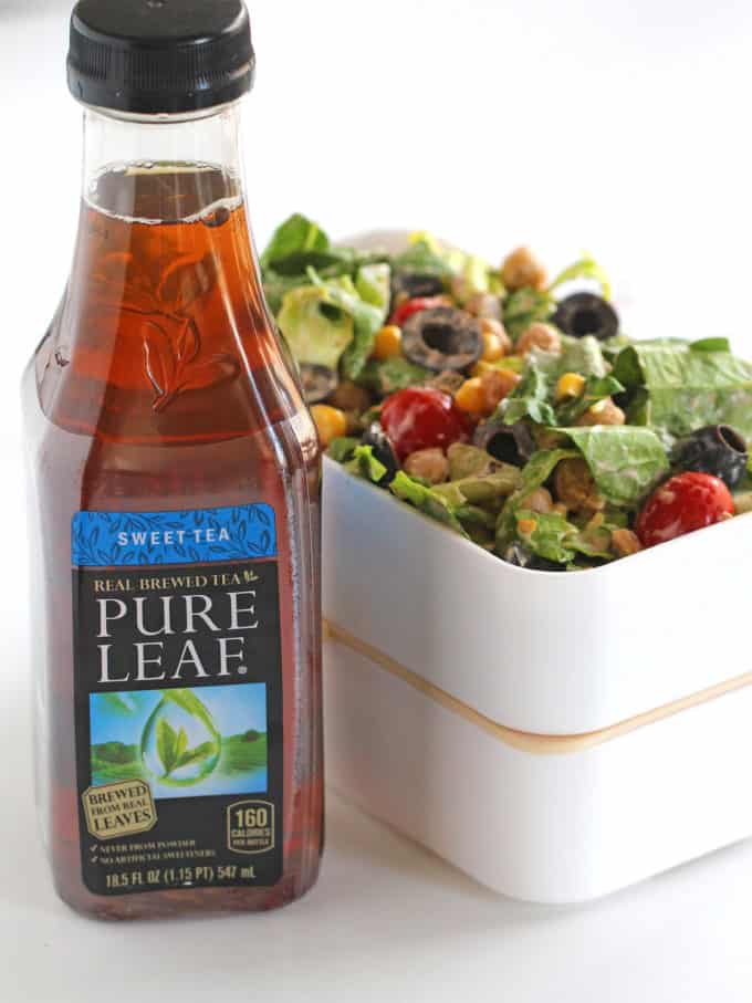tea bottle next to salad