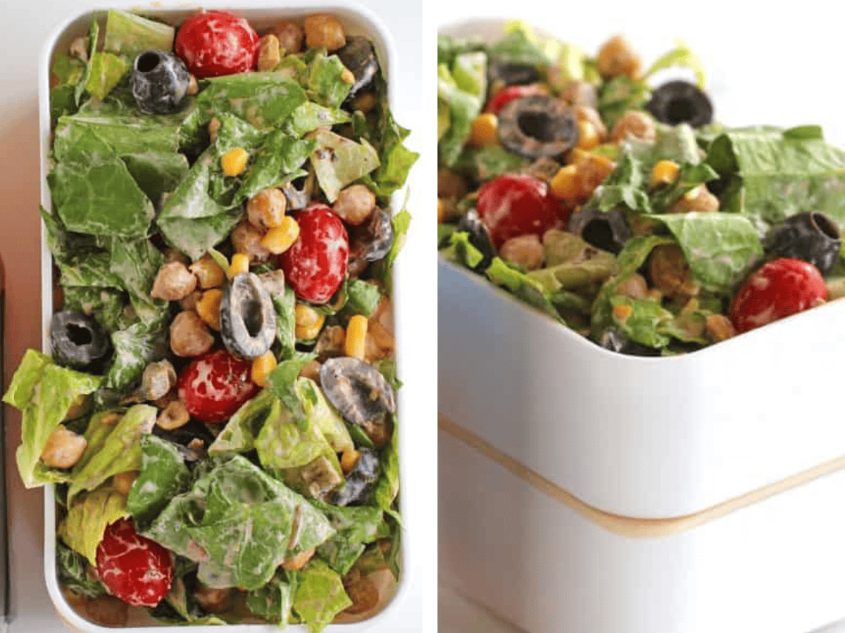 collage of the salad close up and in container