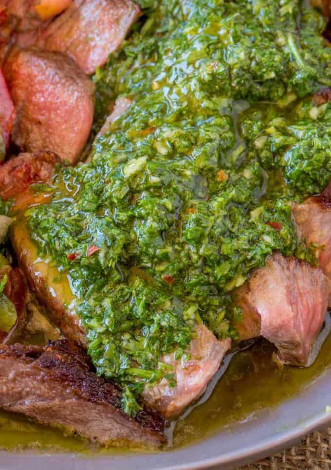 Chimichurri Sauce on top of steak