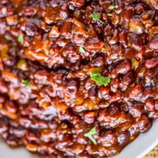 Finished bean dish in a white bowl