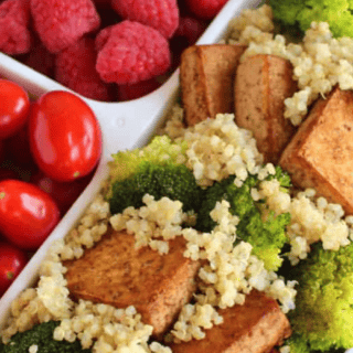 close up on finished dinner, fruit and veggies