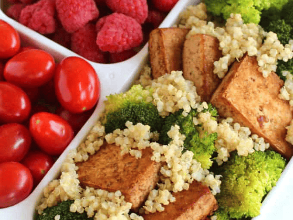 close up on finished dinner, fruit and veggies