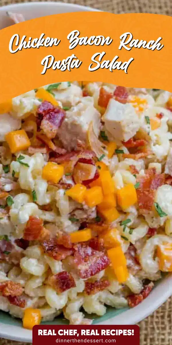 Pin for pasta salad with bacon and chicken