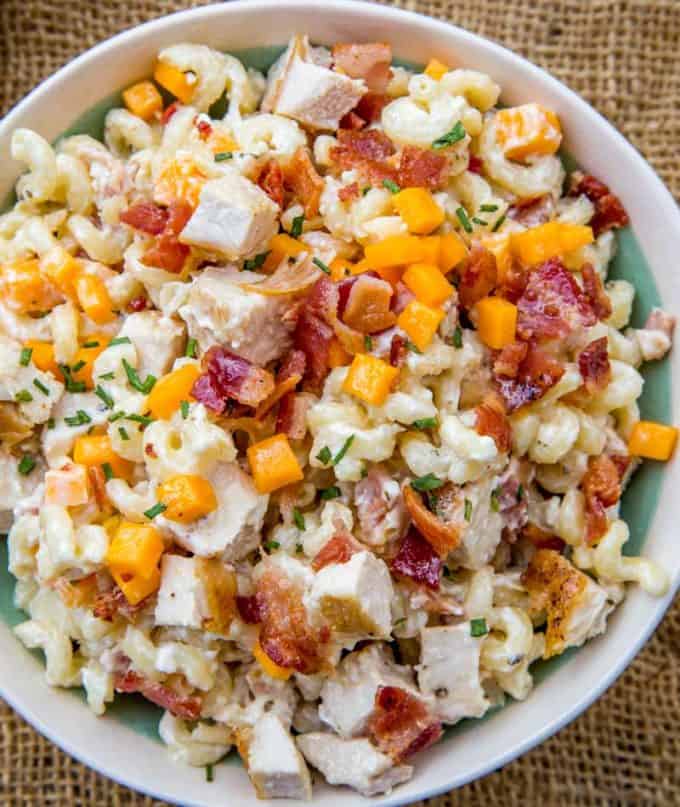 Easy and quick Chicken Bacon Ranch Pasta Salad.