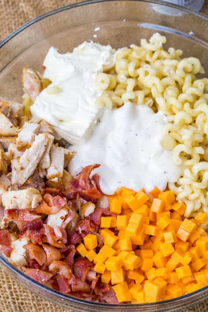 We love this Chicken Bacon Ranch Pasta Salad so much we've made it twice this week!