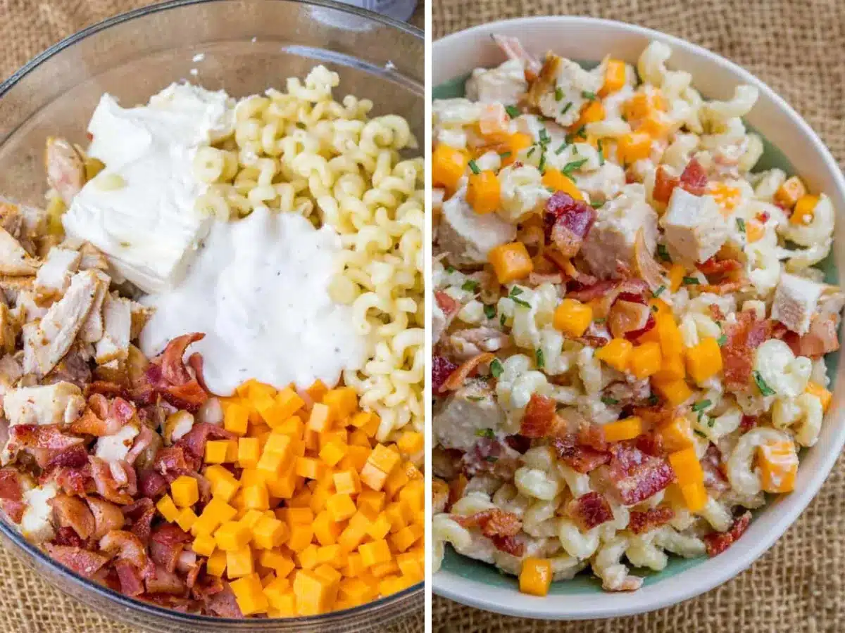 Collage of ingredients before and after mixing