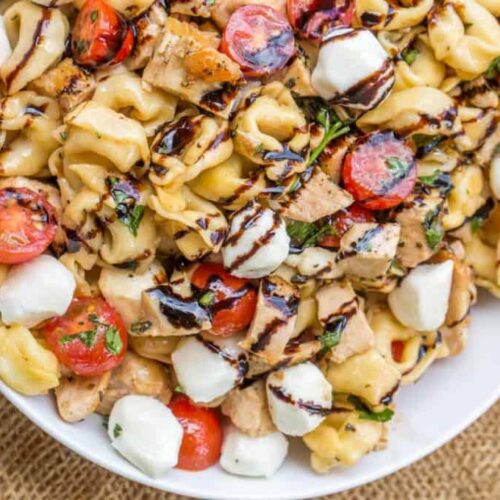 Chicken Caprese Tortellini Pasta Salad in bowl