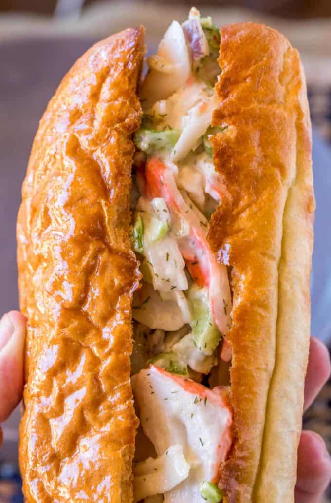 Crab Salad with celery and mayonnaise on a sandwich roll
