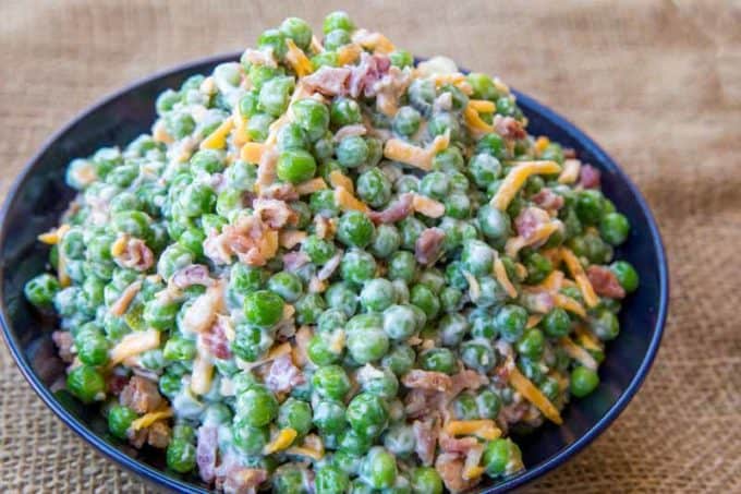 Creamy Bacon Pea Salad in serving bowl