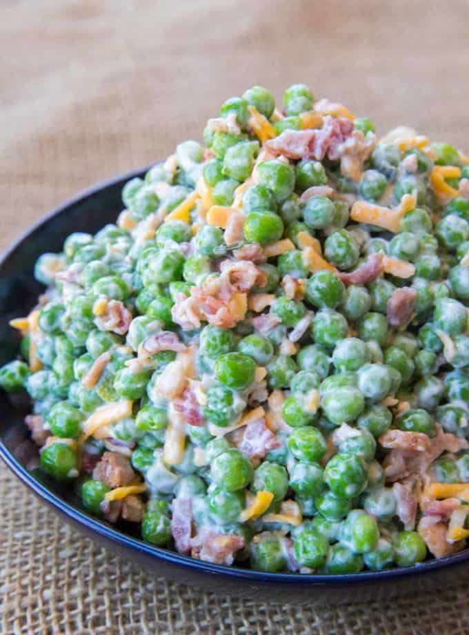 Creamy Bacon Pea Salad in serving bowl