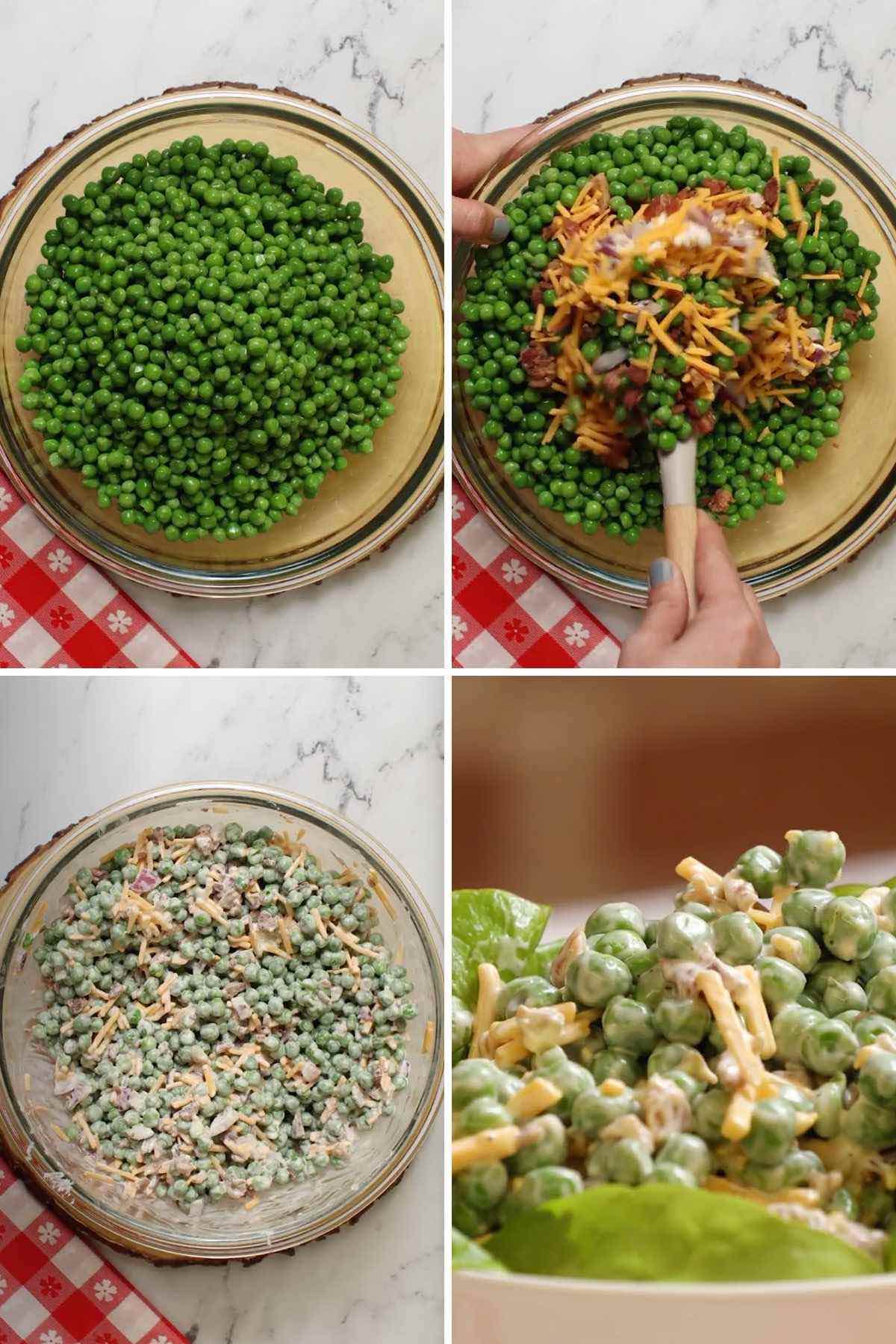 Creamy Bacon Pea Salad collage of prep steps