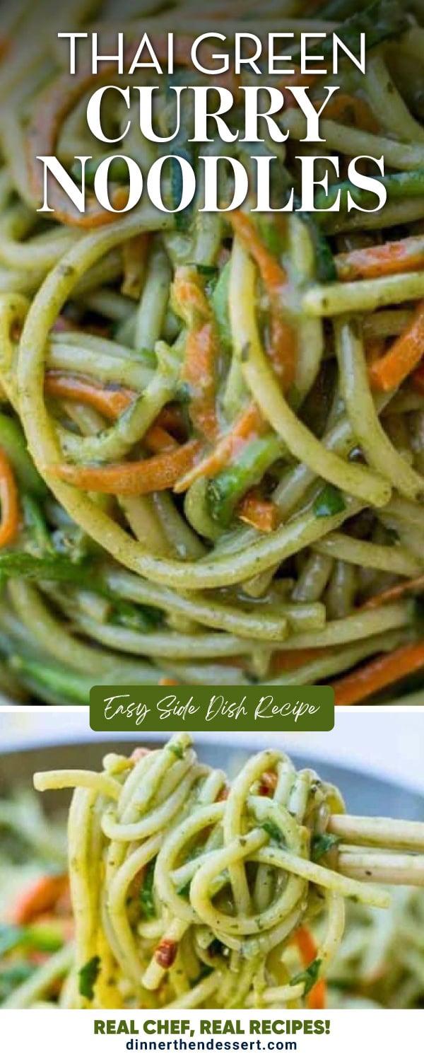 Long spaghetti coated in a silky green sauce and thinly sliced vegetables.
