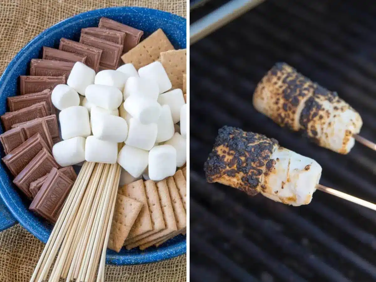 collage of ingredients and marshmallow being roasted 