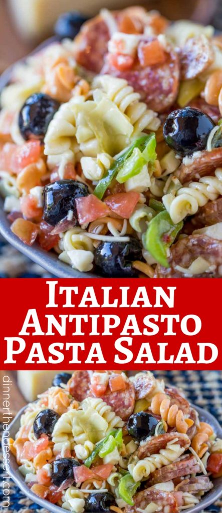 We love this Italian Antipasto Pasta Salad with olives, salami, cheese and bell peppers. So easy to make and perfect for summer! 