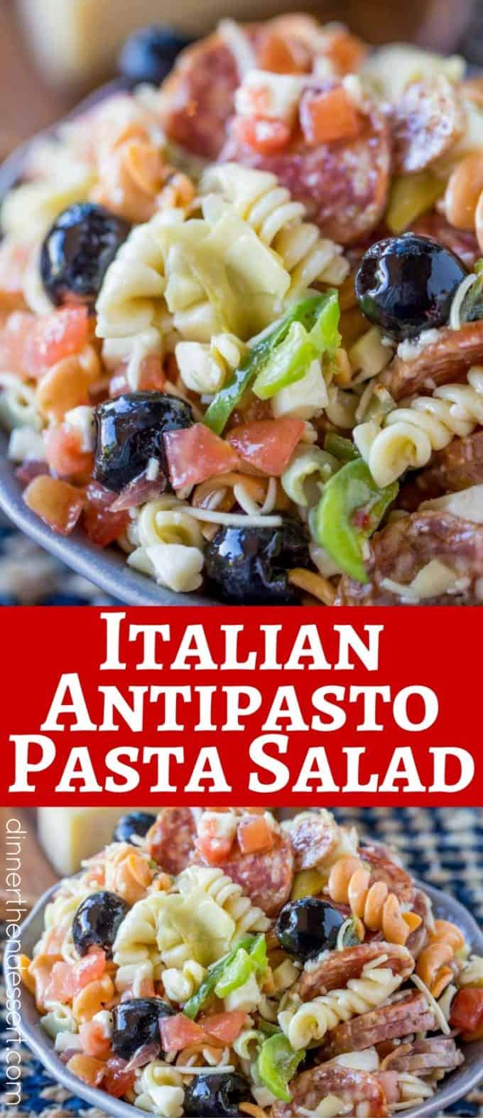 collage of Pasta Salad with creamy dressing, cheese, and salami.