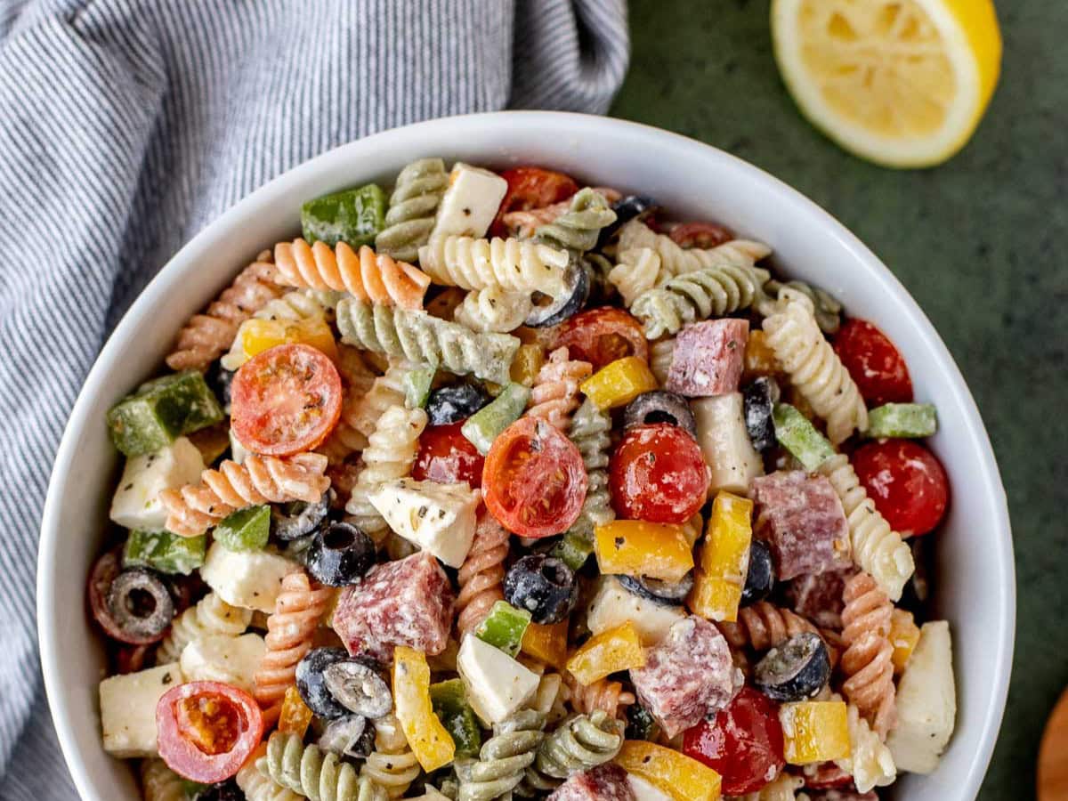 Cold noodle salad in bowl.