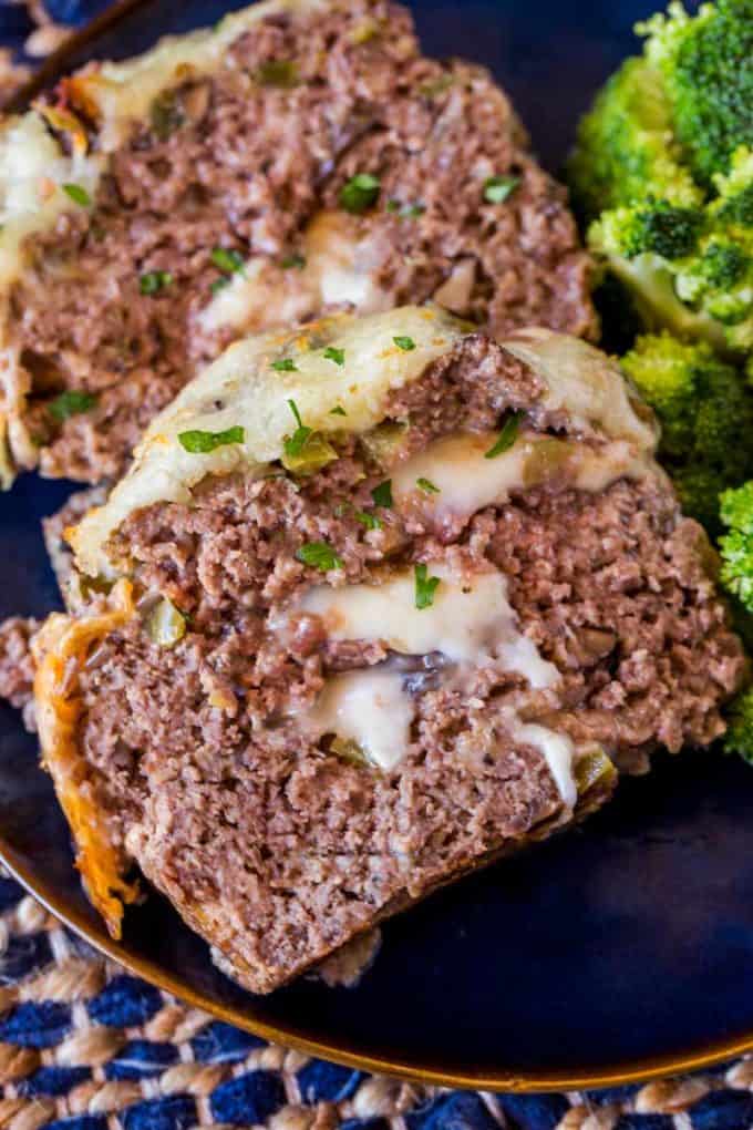 Philly Cheesesteak Meatloaf STUFFED and TOPPED with Provolone Cheese!