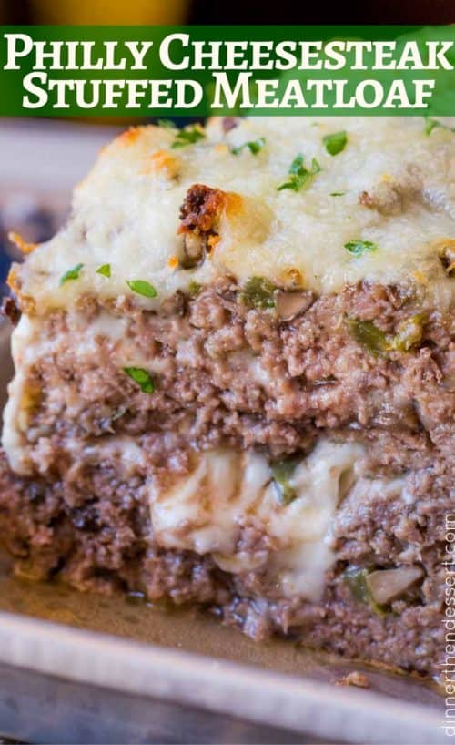 Philly Cheesesteak Meatloaf STUFFED and TOPPED with Provolone Cheese!