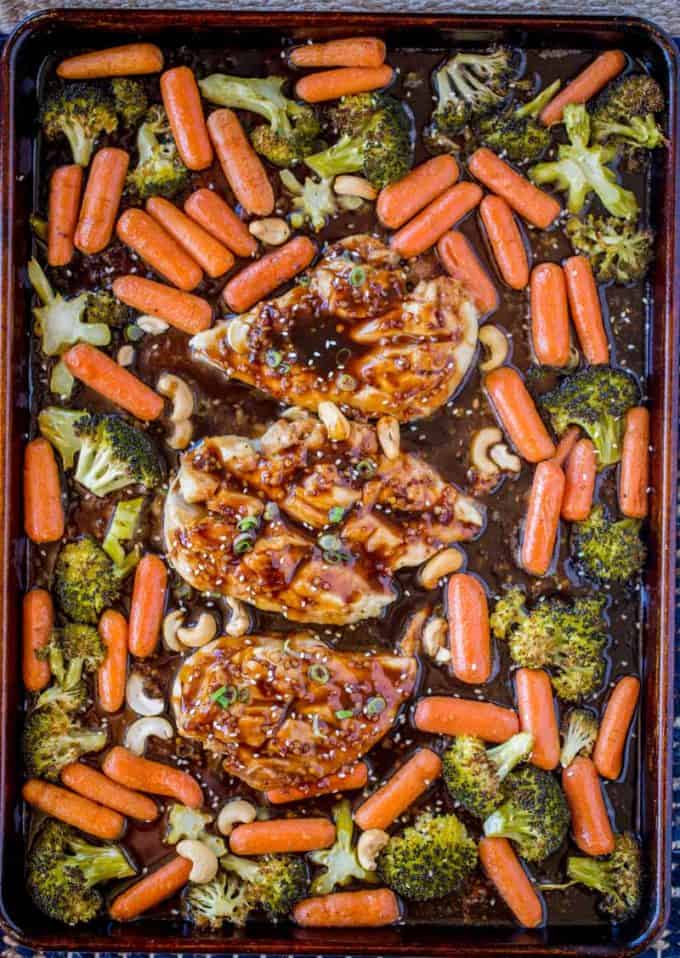 One pan, sheet pan cashew chicken! WE LOVE THIS RECIPE.