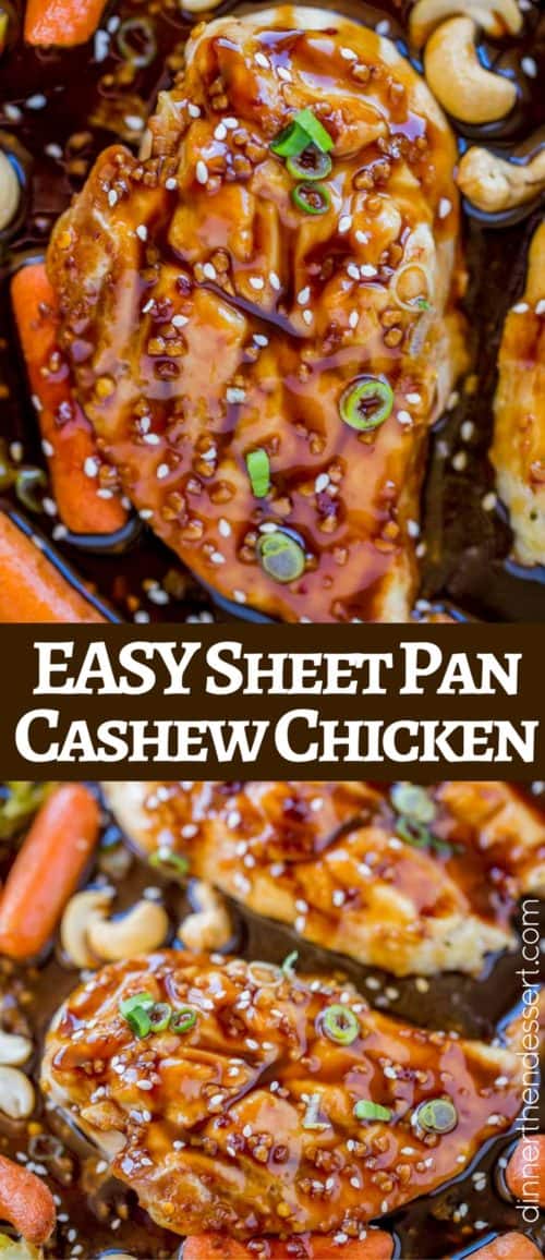 Sheet Pan Cashew Chicken and Vegetables is spicy, sweet and full of your favorite takeout flavors with garlic, hoisin sauce and sriracha without the frying.