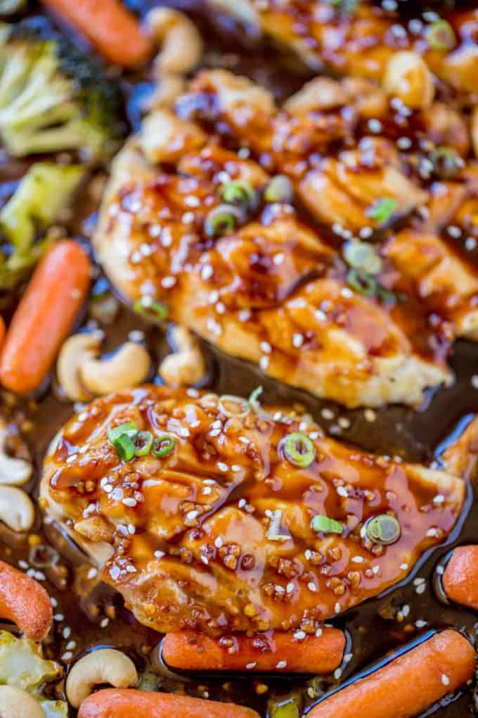Sheet Pan Cashew Chicken and Vegetables is spicy, sweet and full of your favorite takeout flavors with garlic, hoisin sauce and sriracha without the frying.