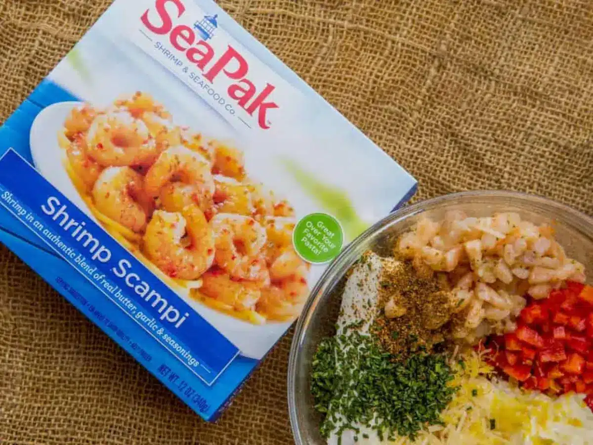 ingredients for spicy shrimp dip in bowl and box of SeaPak shrimp