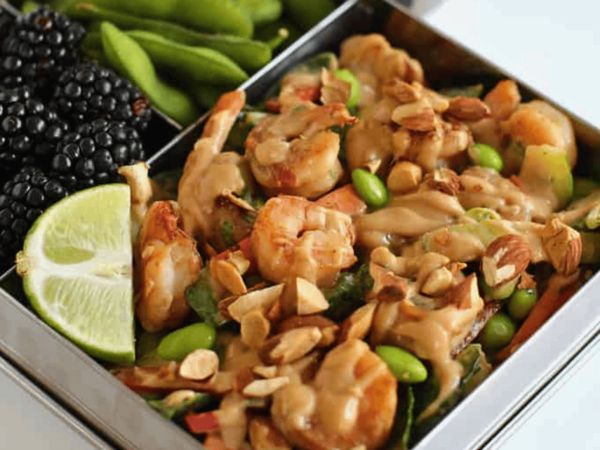 Shrimp salad with lime wedge