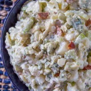Bacon Blue Cheese Potato Salad in blue bowl