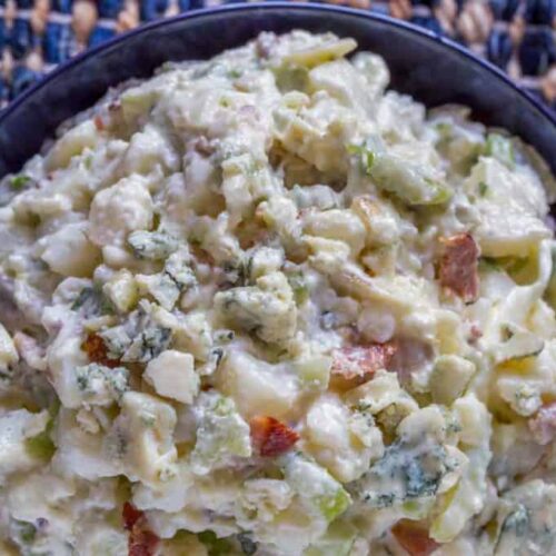 Bacon Blue Cheese Potato Salad in blue bowl