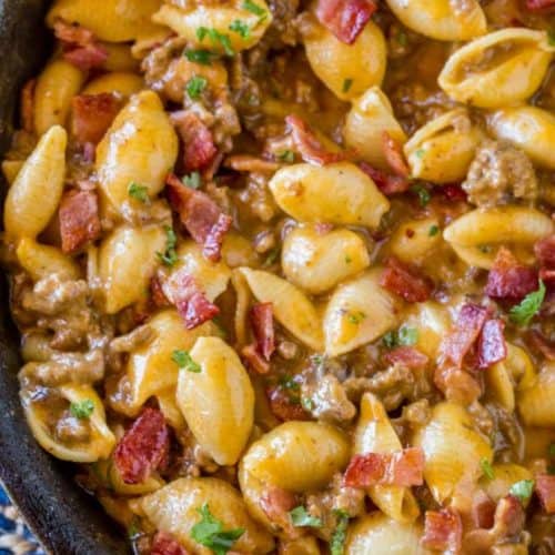 We love this Bacon Cheeseburger Hamburger Helper so much it went in our monthly rotation!