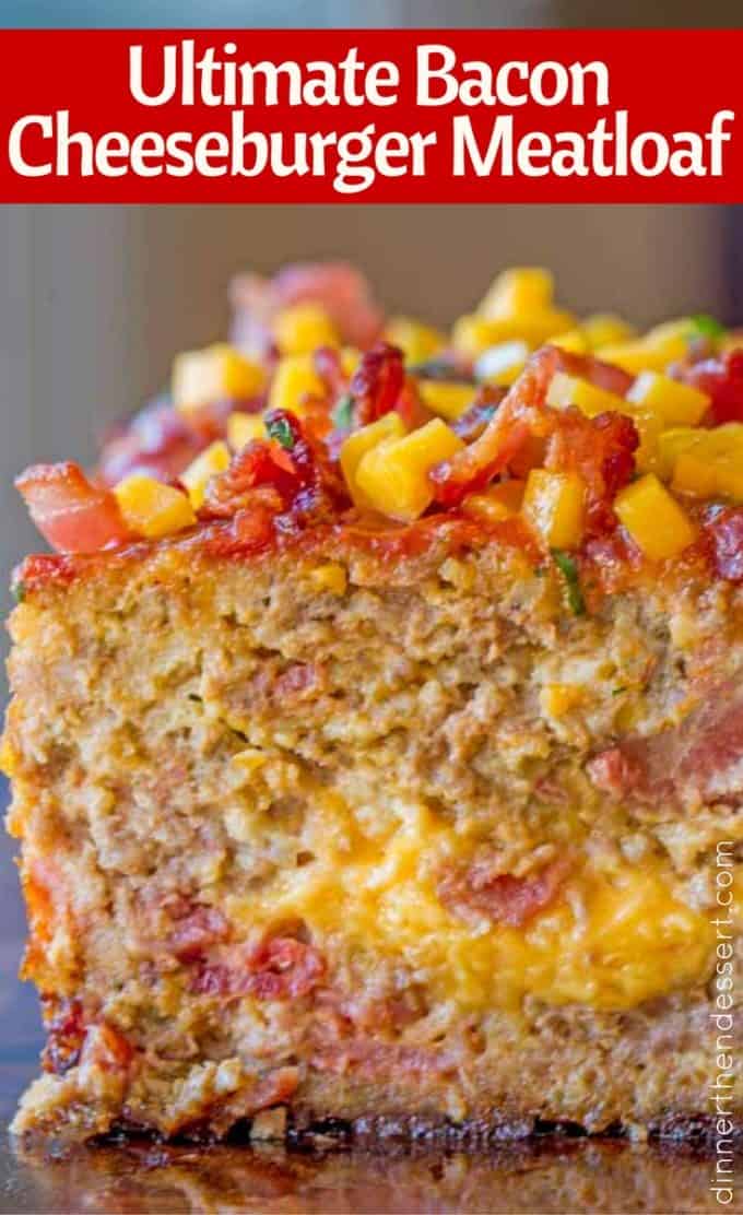 Bacon Cheeseburger Meatloaf topped and stuffed with cheddar cheese and bacon is the ultimate meatloaf. Makes amazing sandwiches too.