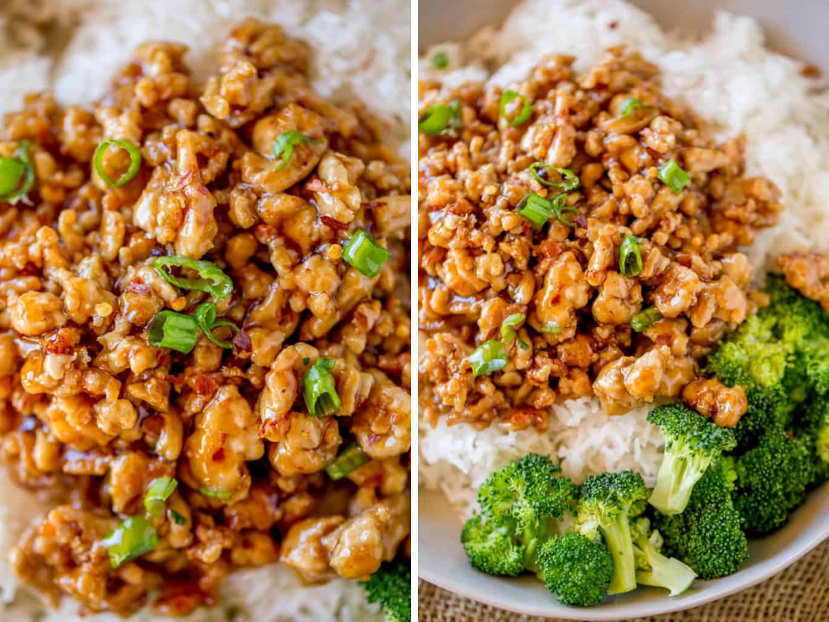 collage of chicken and rice on plate