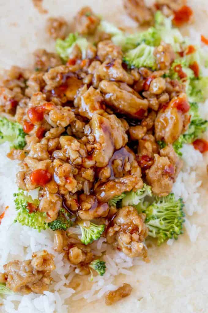 Ground chicken in sauce over rice