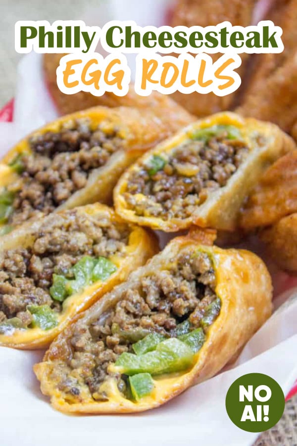Egg rolls stuffed with a philly cheesesteak filling and fried in an egg roll wrapper.