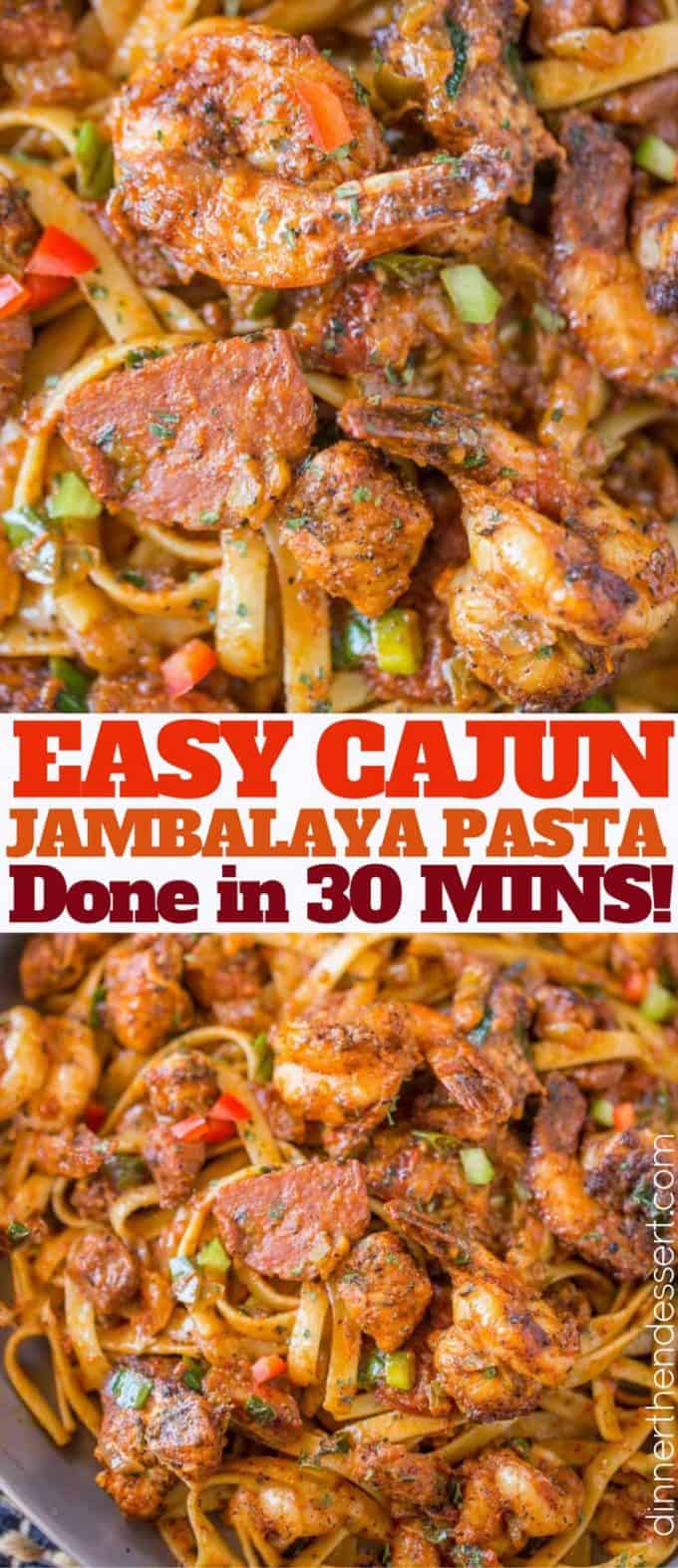 Easy Cajun Jambalaya Pasta with chicken, sausage and shrimp and all the delicious deep Louisiana flavor in just 30 minutes!