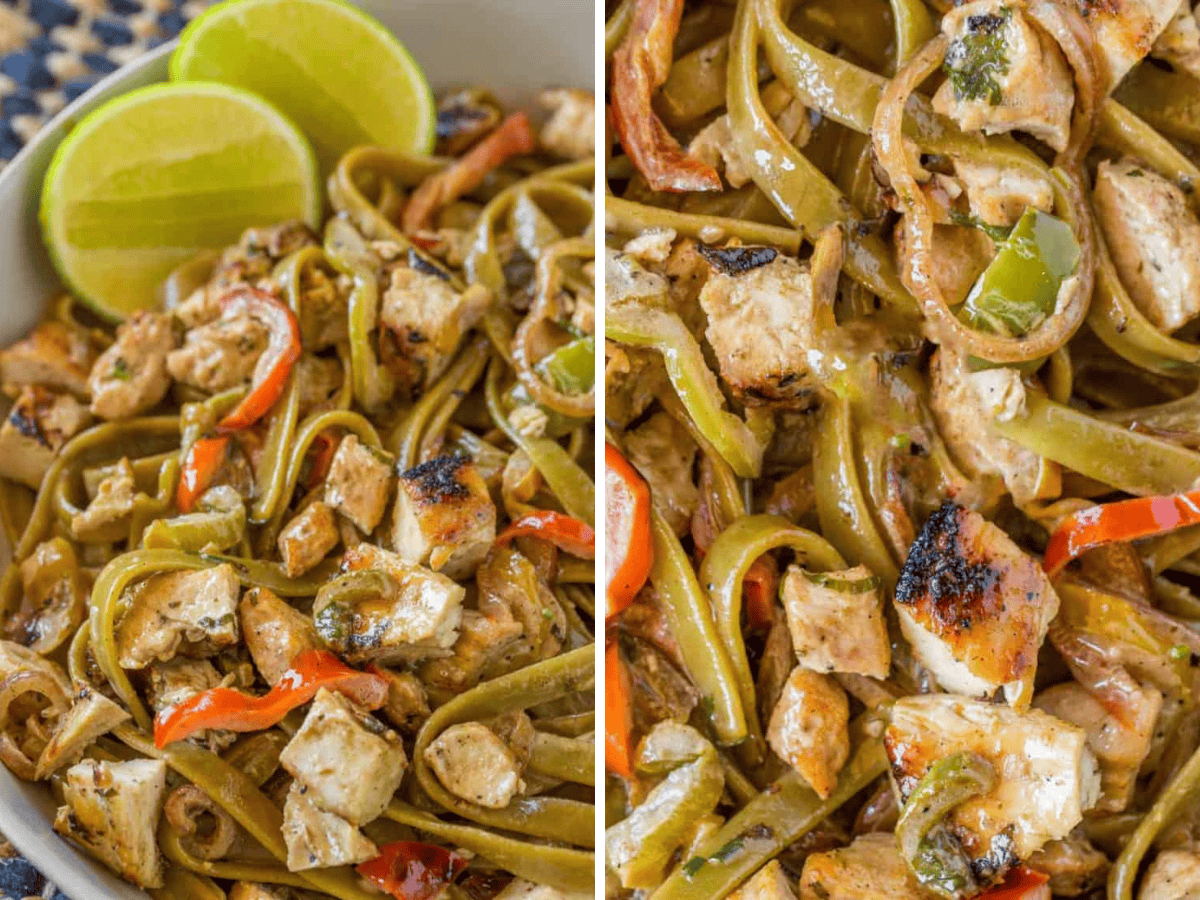 collage of pasta dish and close up of pasta