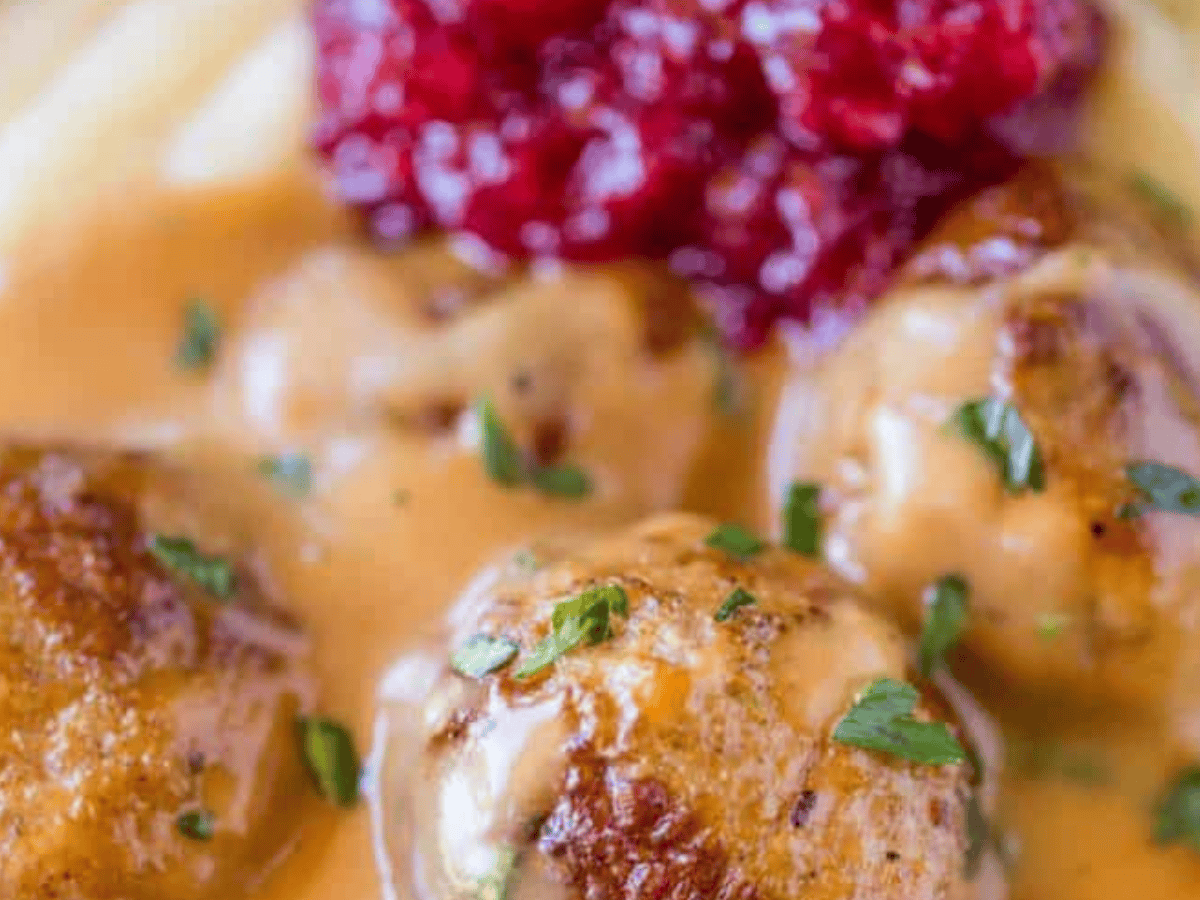Close up of meatballs with cranberry