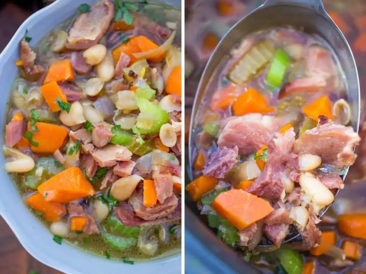 collage of soup in a bowl and on spoon 