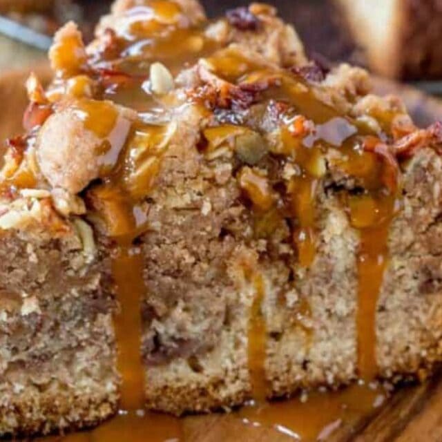 Slice of crumb cake with caramel topping