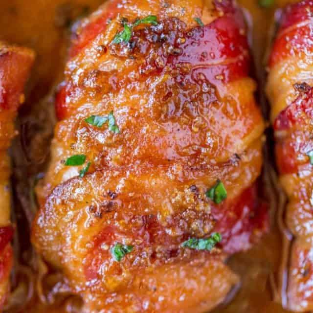 Bacon Brown Sugar Garlic Chicken, the best chicken you'll ever eat with only 4 ingredients. Sticky, crispy, sweet and garlicky, the PERFECT weeknight meal.