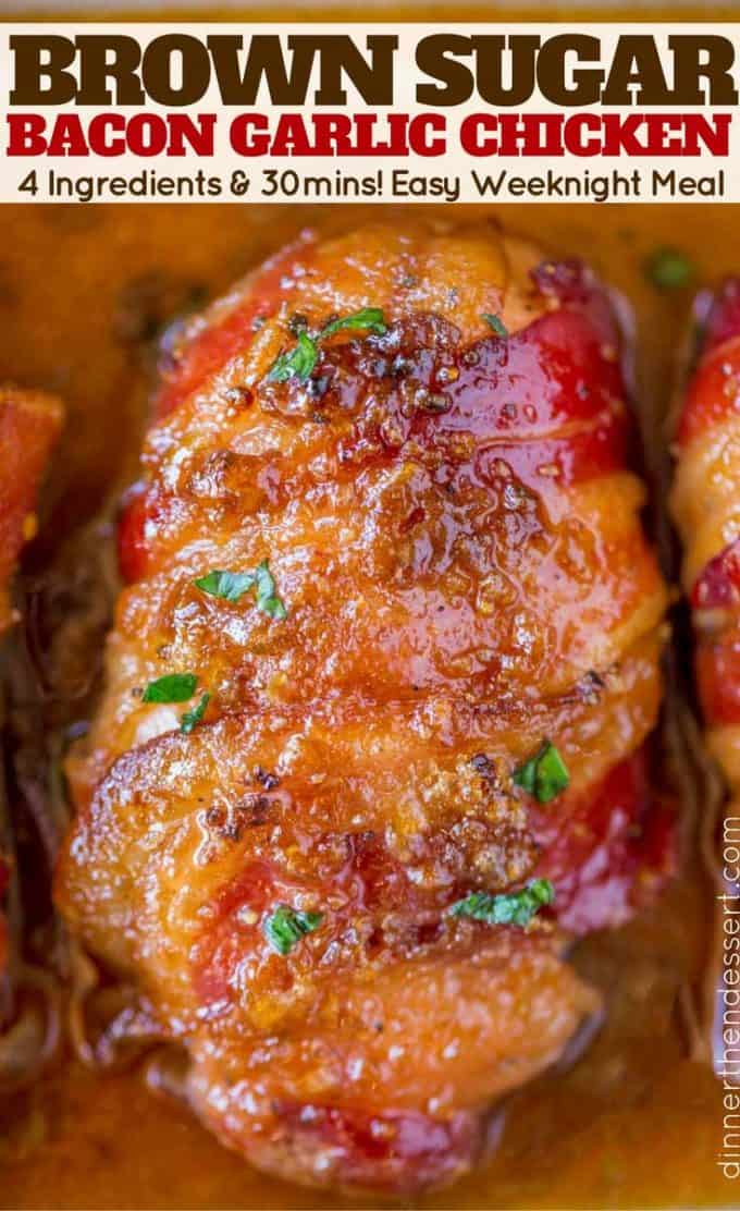 Bacon Brown Sugar Garlic Chicken, the best weeknight meal! Sticky, crispy, sweet and garlicky.