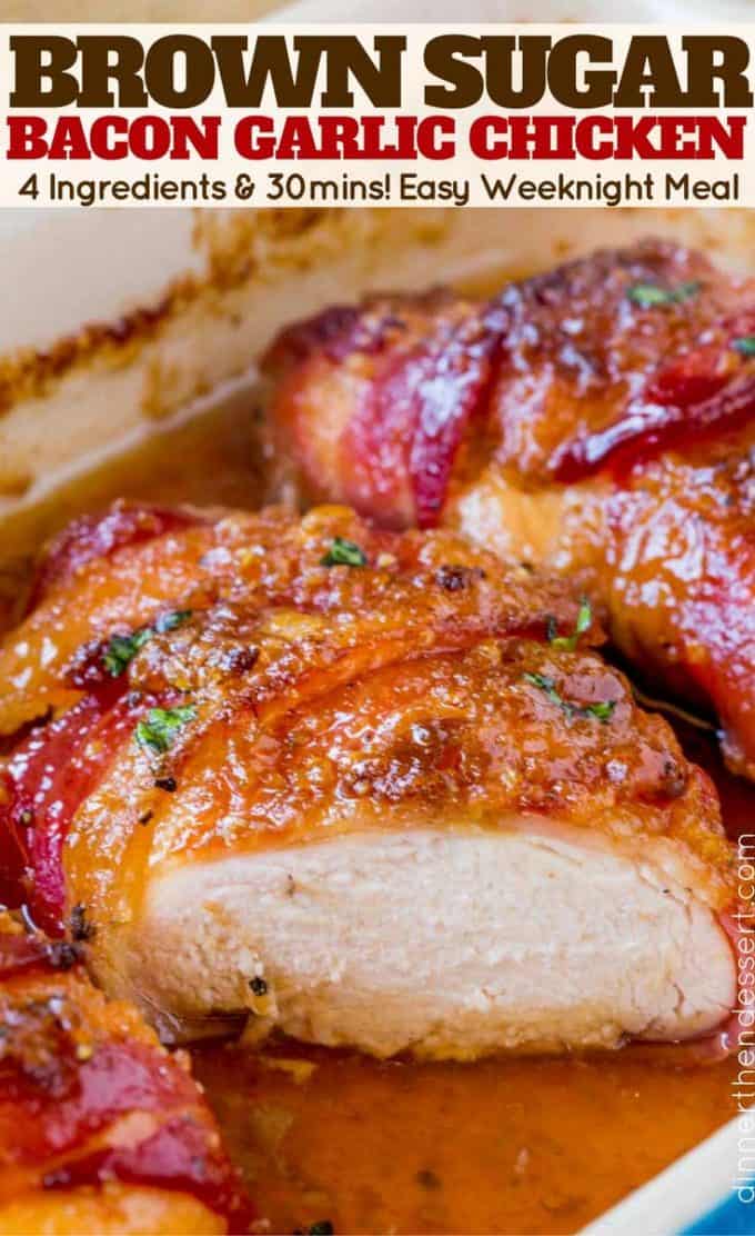 Bacon Brown Sugar Garlic Chicken, the best chicken you'll ever eat with only 4 ingredients. Sticky, crispy, sweet and garlicky, the PERFECT weeknight meal.