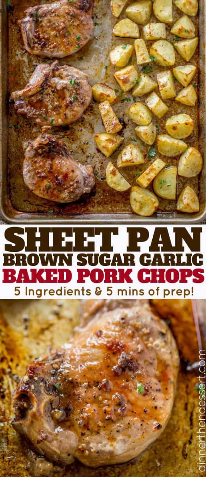 Oven Baked Pork Chops covered in brown sugar and garlic made on a sheet pan with yukon potatoes. One pan, almost no cleanup and the whole family will love them.