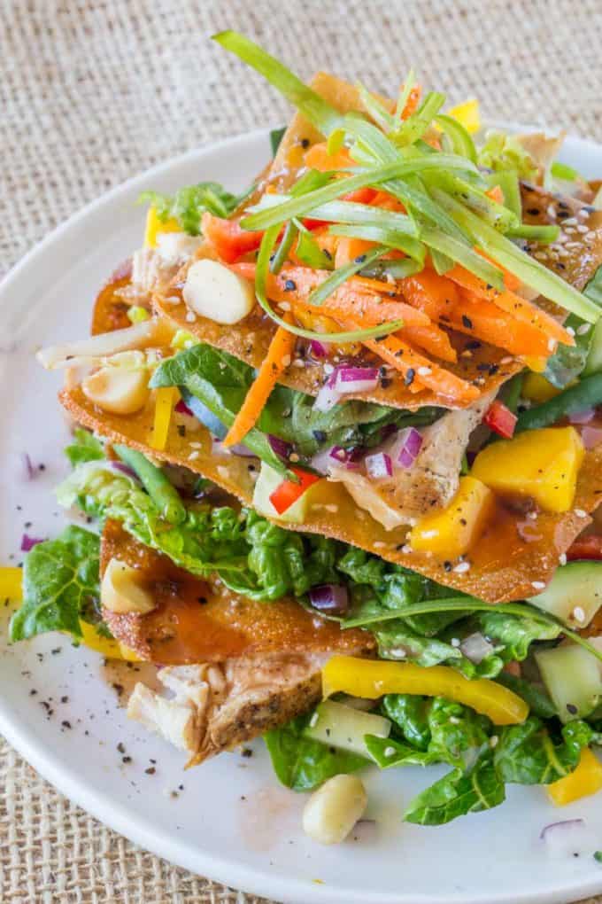 Cheesecake Factory Luau Salad with an Asian Balsamic Vinaigrette, crunchy wonton sheets, vegetables and macadamia nuts, this recipe is a perfect copycat!
