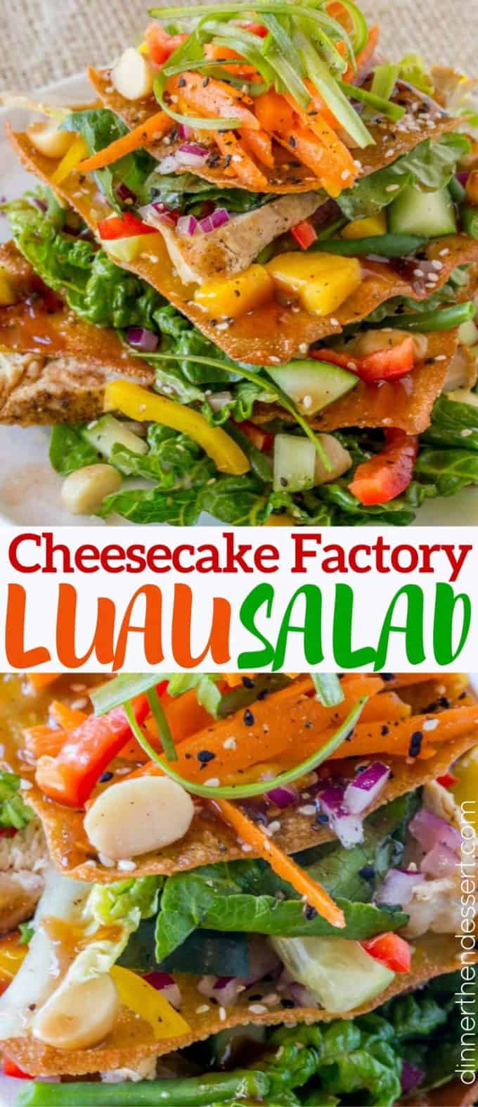 Cheesecake Factory Luau Salad with an Asian Balsamic Vinaigrette, crunchy wonton sheets, vegetables and macadamia nuts, this recipe is a perfect copycat!